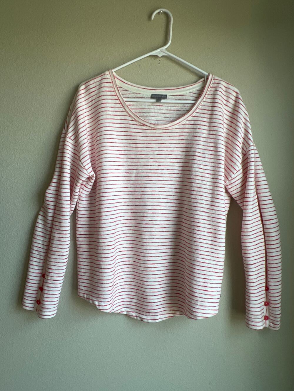T by Talbots Coral Pink White Striped Cotton French Terry Pullower Top Medium